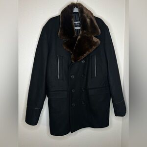 Karl Lagerfeld Paris mens black Faux Fur-Trimmed Double-Breasted Peacoat Sz XXL